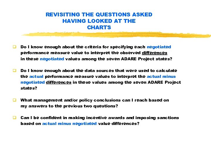 REVISITING THE QUESTIONS ASKED HAVING LOOKED AT THE CHARTS q Do I know enough