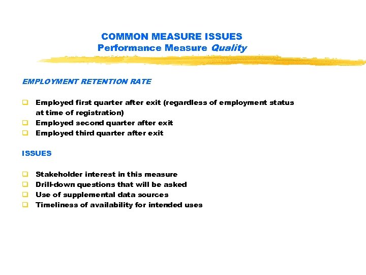 COMMON MEASURE ISSUES Performance Measure Quality EMPLOYMENT RETENTION RATE q Employed first quarter after