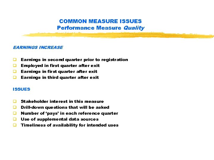 COMMON MEASURE ISSUES Performance Measure Quality EARNINGS INCREASE q q Earnings in second quarter