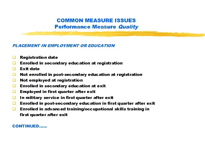 COMMON MEASURE ISSUES Performance Measure Quality PLACEMENT IN EMPLOYMENT OR EDUCATION q q q