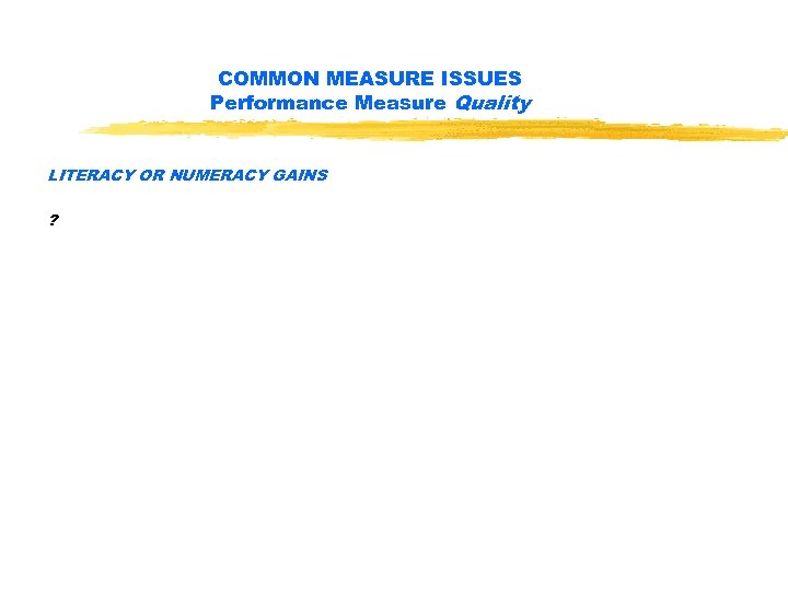 COMMON MEASURE ISSUES Performance Measure Quality LITERACY OR NUMERACY GAINS ? 