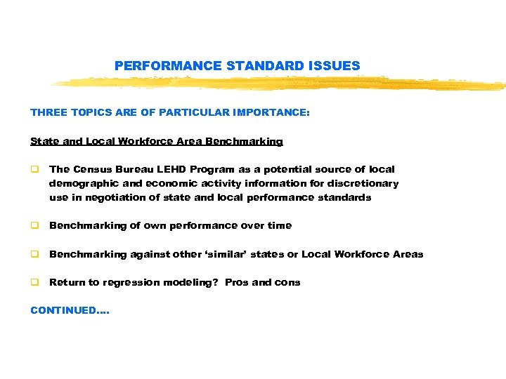 PERFORMANCE STANDARD ISSUES THREE TOPICS ARE OF PARTICULAR IMPORTANCE: State and Local Workforce Area