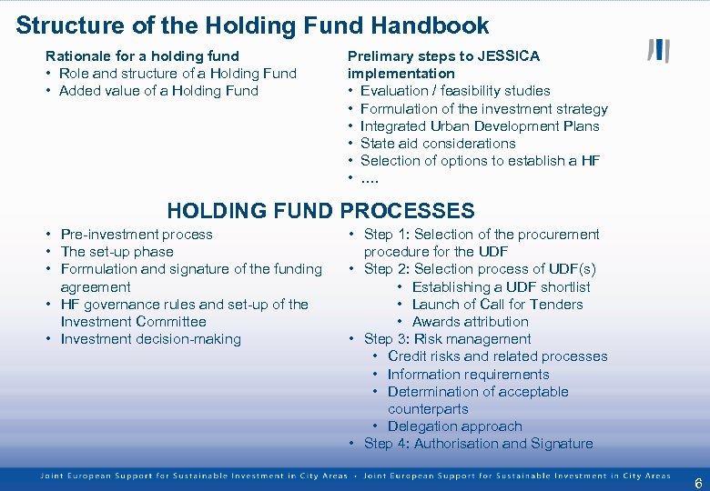 Structure of the Holding Fund Handbook Rationale for a holding fund • Role and