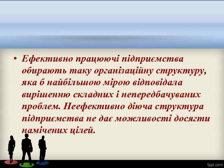  • Ефективно працюючі підприємства обирають таку організаційну структуру, яка б найбільшою мірою відповідала