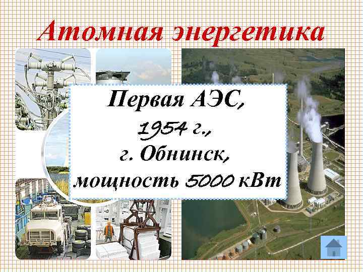 Атомная энергетика Первая АЭС, 1954 г. , г. Обнинск, мощность 5000 к. Вт 27