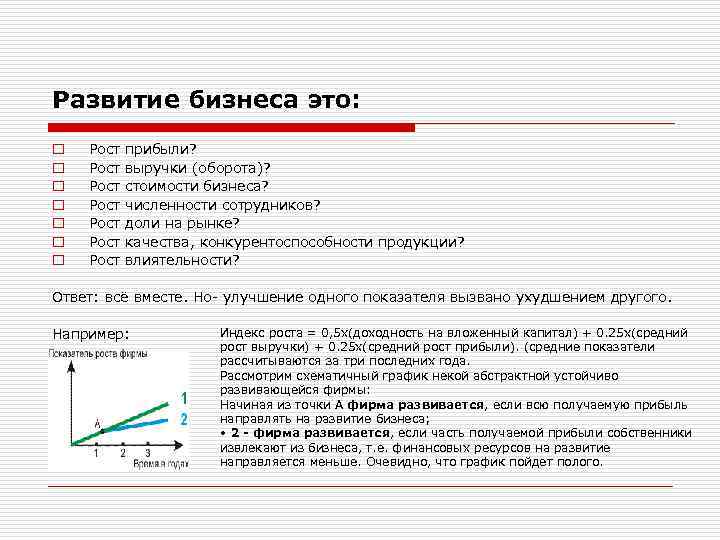 Развитие бизнеса это: o o o o Рост прибыли? Рост выручки (оборота)? Рост стоимости