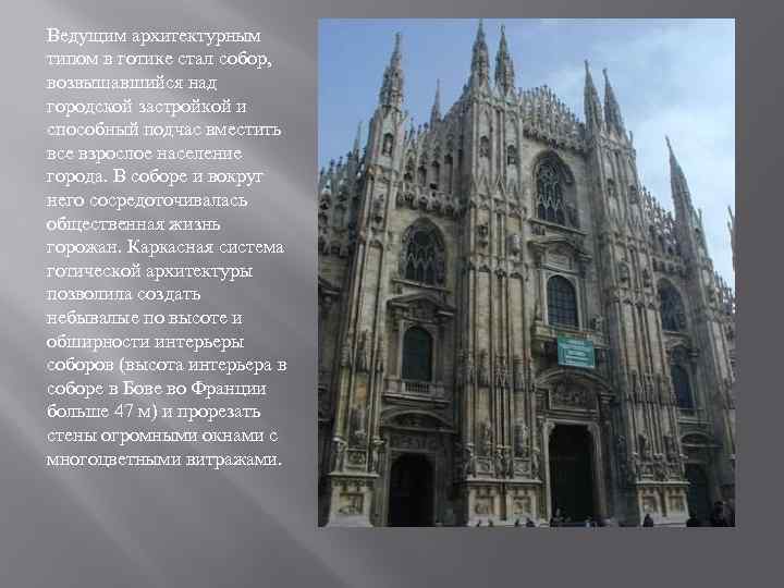 Ведущим архитектурным типом в готике стал собор, возвышавшийся над городской застройкой и способный подчас