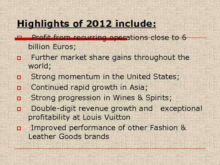 Highlights of 2012 include: o o o o Profit from recurring operations close to