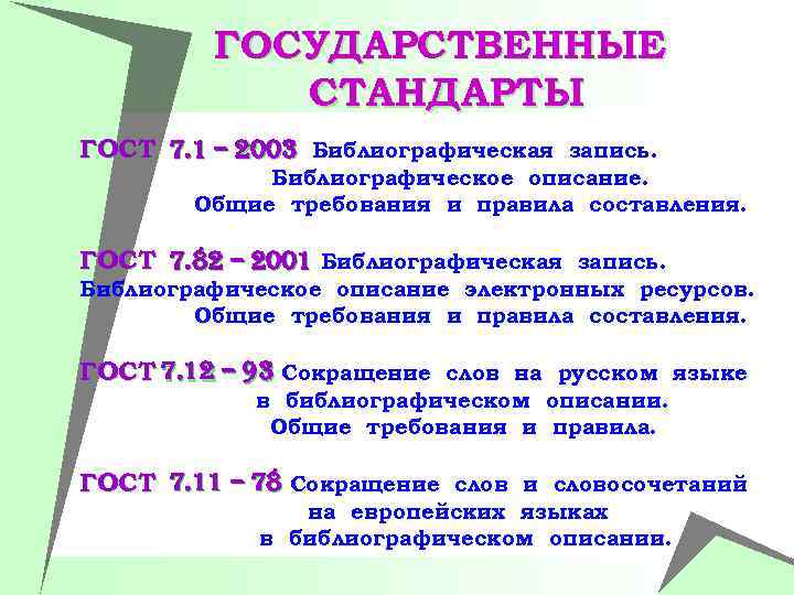 ГОСУДАРСТВЕННЫЕ СТАНДАРТЫ ГОСТ 7. 1 – 2003 Библиографическая запись. Библиографическое описание. Общие требования и