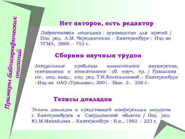 Примеры би блиографич еских описаний Нет авторов, есть редактор Подростковая медицина : руководство для