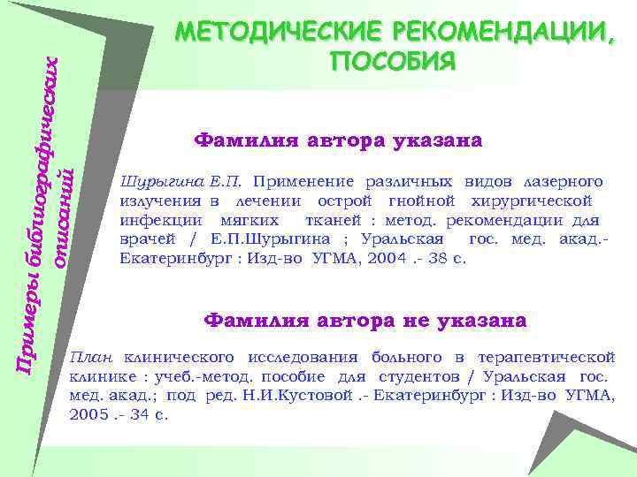 Примеры би блиографич еских описаний МЕТОДИЧЕСКИЕ РЕКОМЕНДАЦИИ, ПОСОБИЯ Фамилия автора указана Шурыгина Е. П.