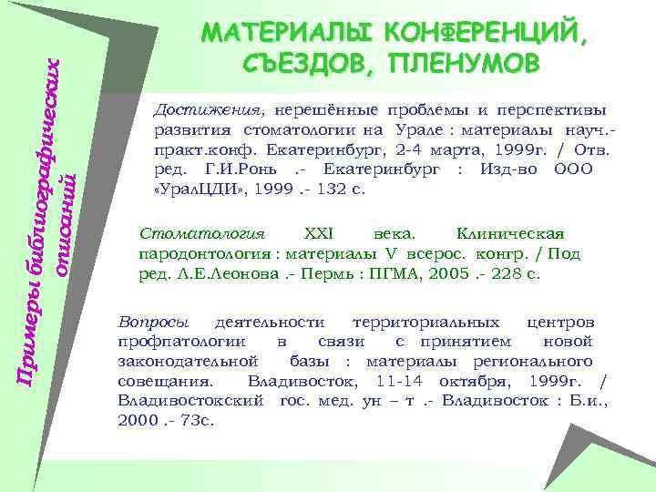 Примеры би блиографич еских описаний МАТЕРИАЛЫ КОНФЕРЕНЦИЙ, СЪЕЗДОВ, ПЛЕНУМОВ Достижения, нерешённые проблемы и перспективы