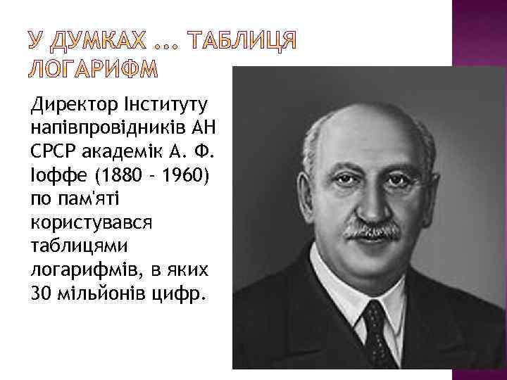 Директор Інституту напівпровідників АН СРСР академік А. Ф. Іоффе (1880 - 1960) по пам'яті