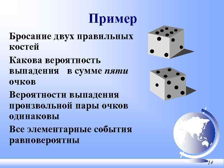 Пример Бросание двух правильных костей Какова вероятность выпадения в сумме пяти очков Вероятности выпадения