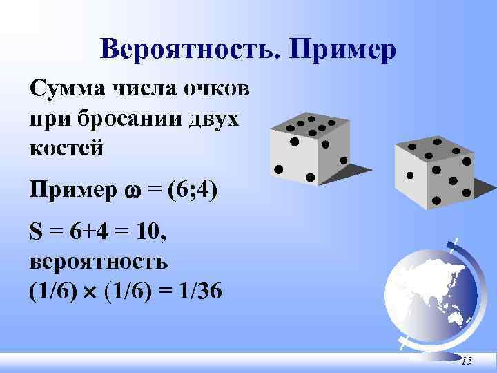 Вероятность. Пример Сумма числа очков при бросании двух костей Пример w = (6; 4)