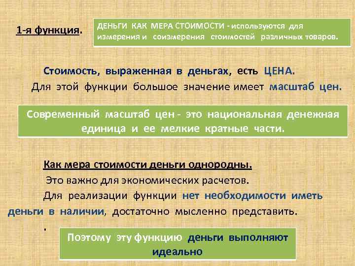 1 -я функция. ДЕНЬГИ КАК МЕРА СТОИМОСТИ - используются для измерения и соизмерения стоимостей