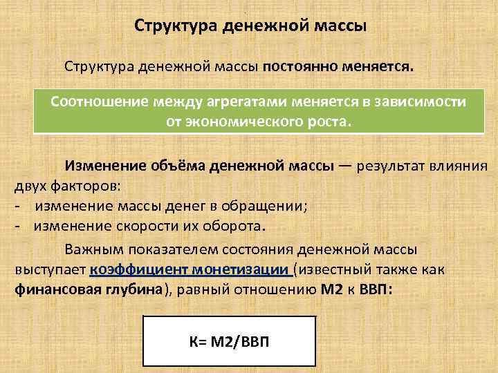 . Структура денежной массы постоянно меняется. Соотношение между агрегатами меняется в зависимости от экономического