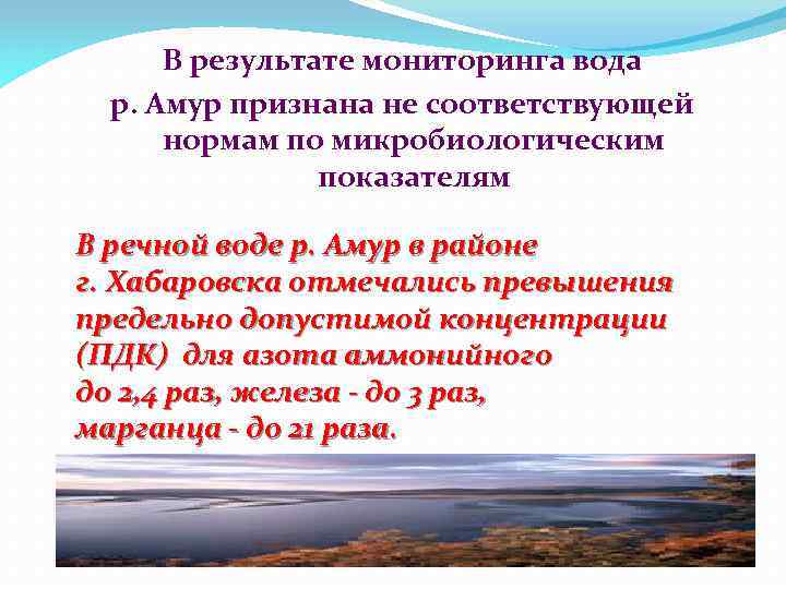 В результате мониторинга вода р. Амур признана не соответствующей нормам по микробиологическим показателям В