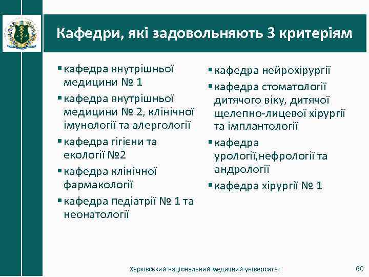 Кафедри, які задовольняють 3 критеріям § кафедра внутрішньої медицини № 1 § кафедра внутрішньої