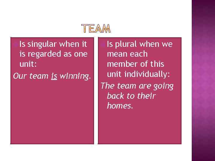  Is singular when it is regarded as one unit: Our team is winning.