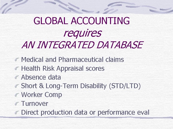 GLOBAL ACCOUNTING requires AN INTEGRATED DATABASE Medical and Pharmaceutical claims Health Risk Appraisal scores