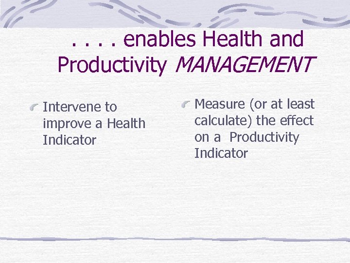 . . enables Health and Productivity MANAGEMENT Intervene to improve a Health Indicator Measure