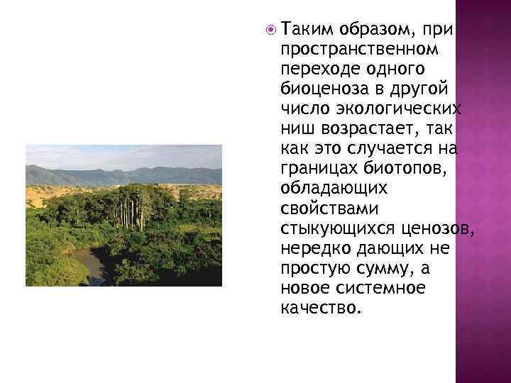  Таким образом, при пространственном переходе одного биоценоза в другой число экологических ниш возрастает,