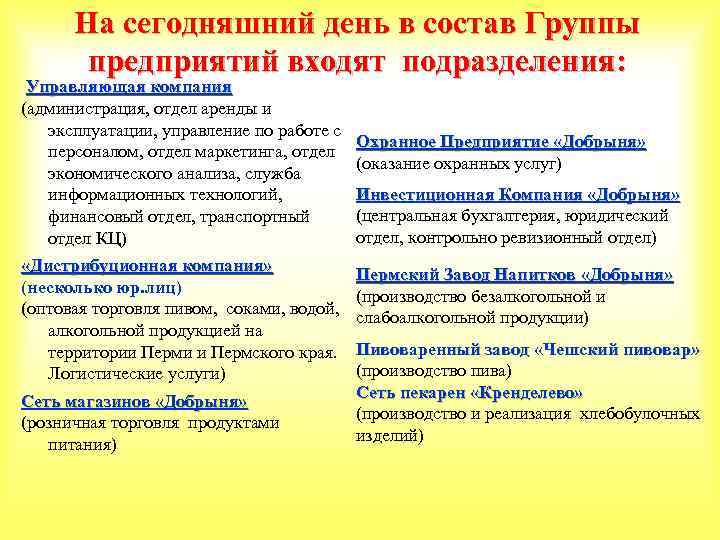 На сегодняшний день в состав Группы предприятий входят подразделения: Управляющая компания (администрация, отдел аренды