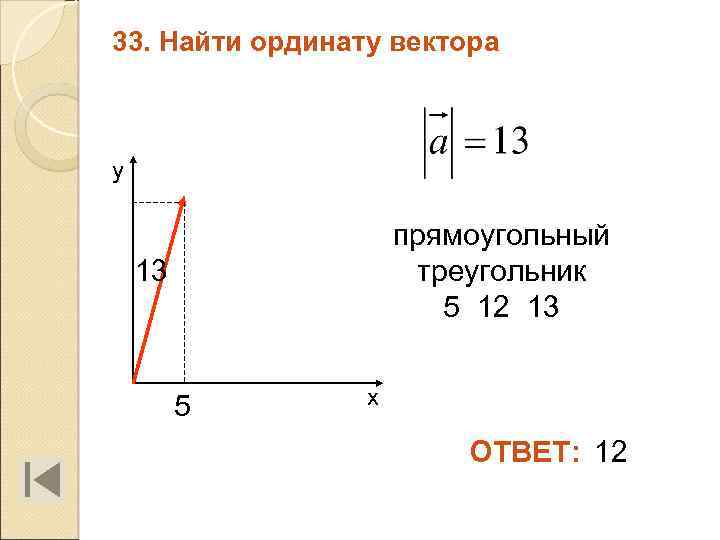 33. Найти ординату вектора у прямоугольный треугольник 5 12 13 13 5 х ОТВЕТ: