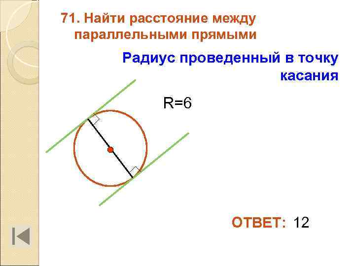 71. Найти расстояние между параллельными прямыми Радиус проведенный в точку касания R=6 ОТВЕТ: 12