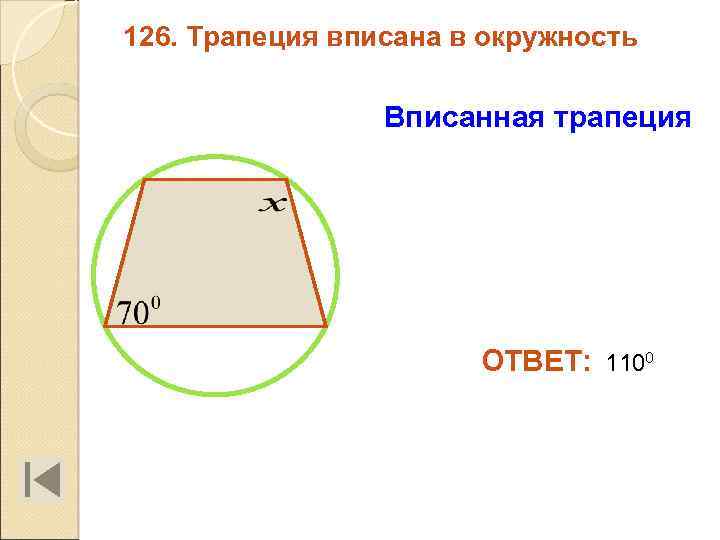 126. Трапеция вписана в окружность Вписанная трапеция ОТВЕТ: 1100 