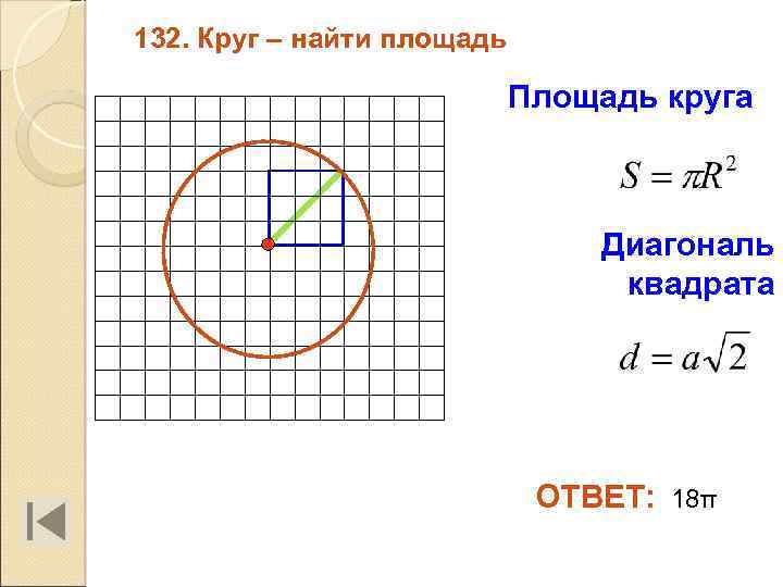 132. Круг – найти площадь Площадь круга Диагональ квадрата ОТВЕТ: 18π 