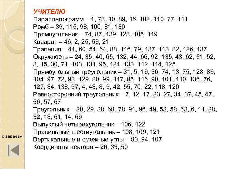 к задачам УЧИТЕЛЮ Параллелограмм – 1, 73, 10, 89, 16, 102, 140, 77, 111