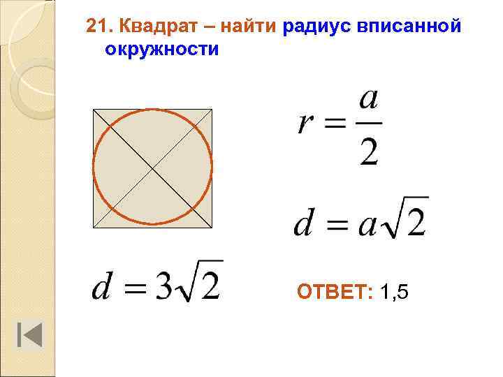 21. Квадрат – найти радиус вписанной окружности ОТВЕТ: 1, 5 