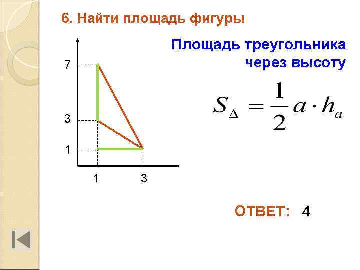 6. Найти площадь фигуры Площадь треугольника через высоту 7 3 1 1 3 ОТВЕТ: