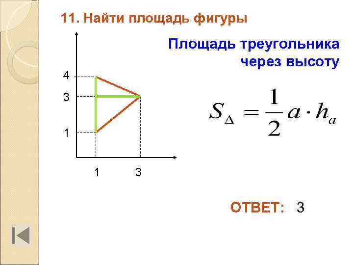 11. Найти площадь фигуры Площадь треугольника через высоту 4 3 1 1 3 ОТВЕТ: