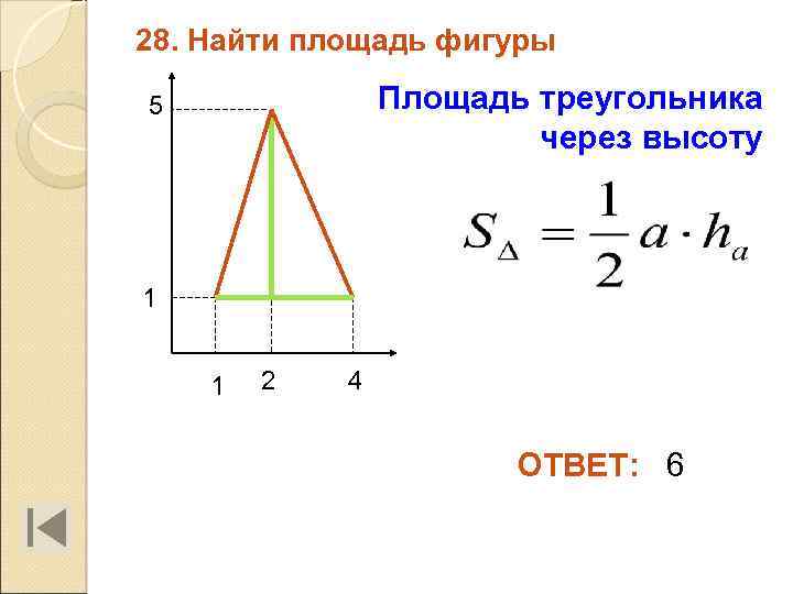 28. Найти площадь фигуры Площадь треугольника через высоту 5 1 1 2 4 ОТВЕТ: