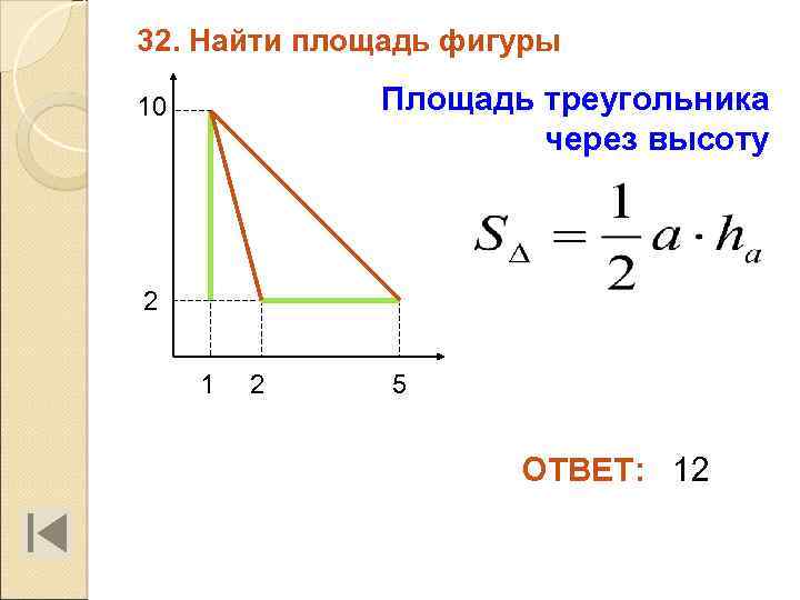 32. Найти площадь фигуры Площадь треугольника через высоту 10 2 1 2 5 ОТВЕТ: