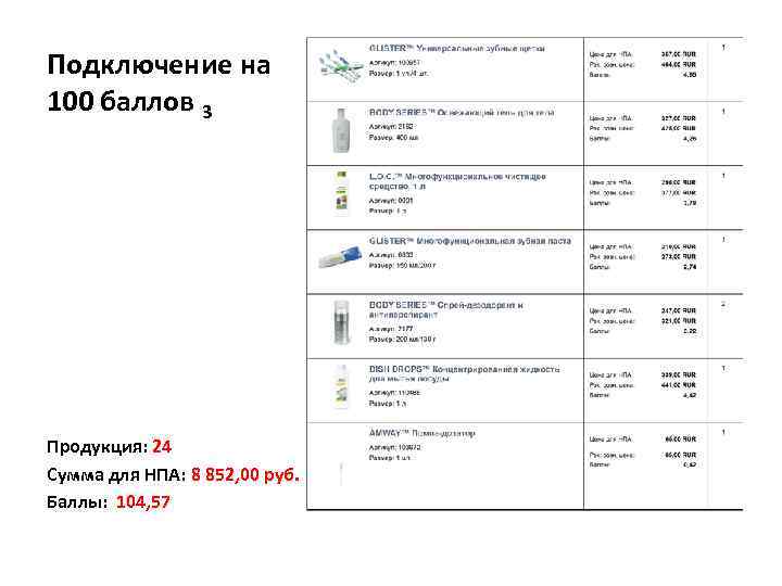 Подключение на 100 баллов 3 Продукция: 24 Сумма для НПА: 8 852, 00 руб.