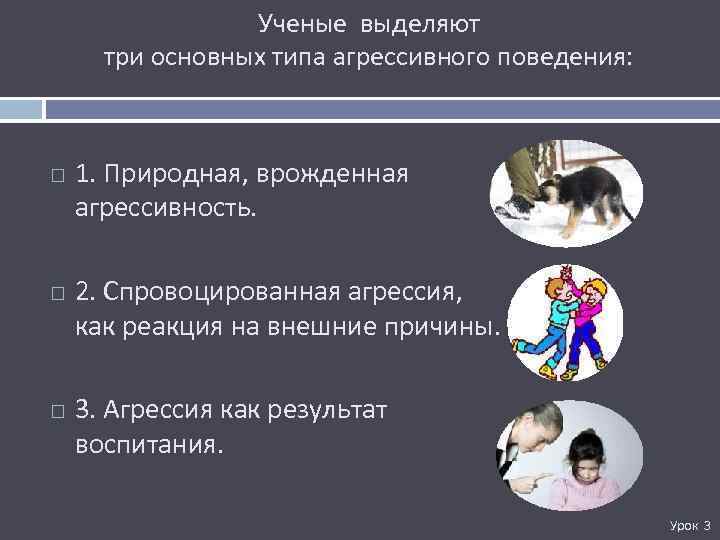 Ученые выделяют три основных типа агрессивного поведения: 1. Природная, врожденная агрессивность. 2. Спровоцированная агрессия,
