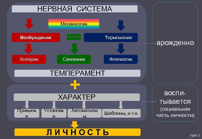 НЕРВНАЯ СИСТЕМА Меланхолик Возбуждение Холерик Торможение Сангвиник врожденно Флегматик ТЕМПЕРАМЕНТ + воспитывается ХАРАКТЕР Привычк