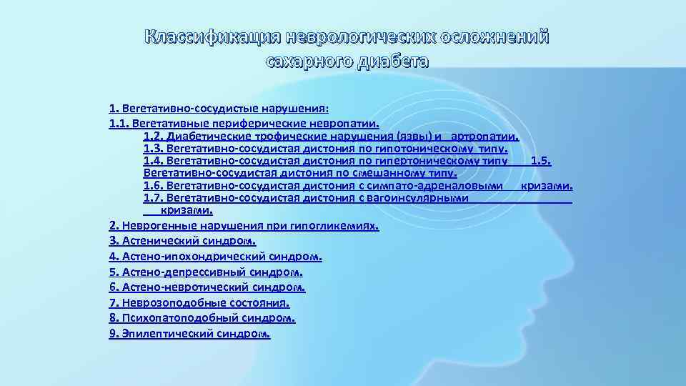 Классификация неврологических осложнений сахарного диабета 1. Вегетативно-сосудистые нарушения: 1. 1. Вегетативные периферические невропатии. 1.