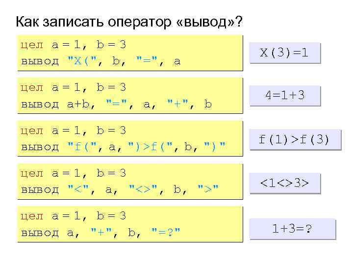 Как записать оператор «вывод» ? цел a = 1, b = 3 вывод 