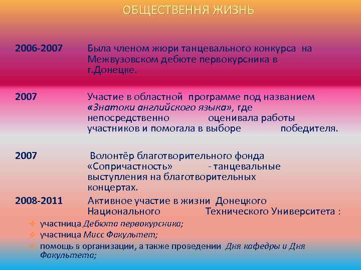 ОБЩЕСТВЕННЯ ЖИЗНЬ 2006 -2007 Была членом жюри танцевального конкурса на Межвузовском дебюте первокурсника в