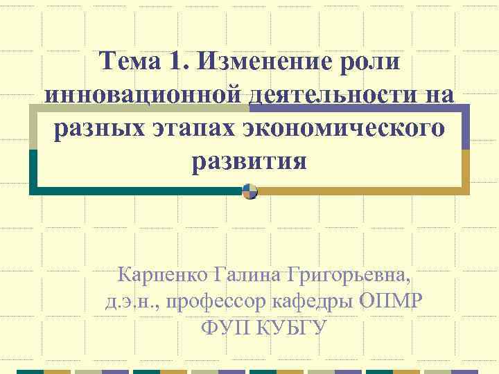 Тема 1. Изменение роли инновационной деятельности на разных этапах экономического развития Карпенко Галина Григорьевна,