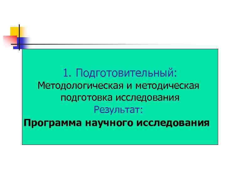 1. Подготовительный: Методологическая и методическая подготовка исследования Результат: Программа научного исследования 