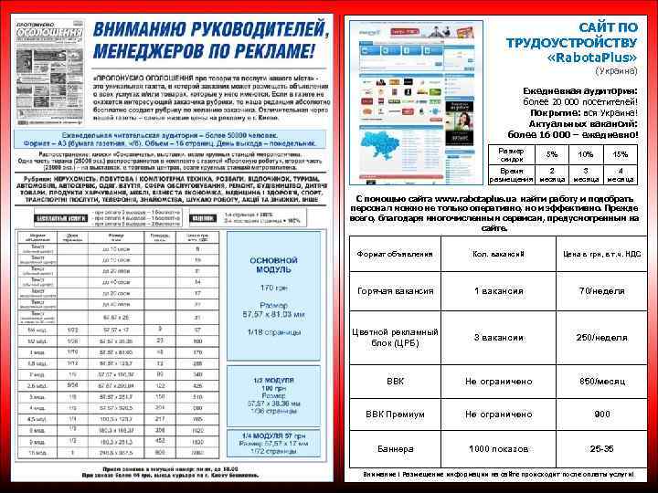 САЙТ ПО ТРУДОУСТРОЙСТВУ «Rabota. Plus» (Украина) Ежедневная аудитория: более 20 000 посетителей! Покрытие: вся