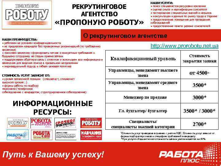 РЕКРУТИНГОВОЕ АГЕНТСТВО «ПРОПОНУЮ РОБОТУ» НАШИ УСЛУГИ: • поиск специалистов ресурсами компании • оценка опыта