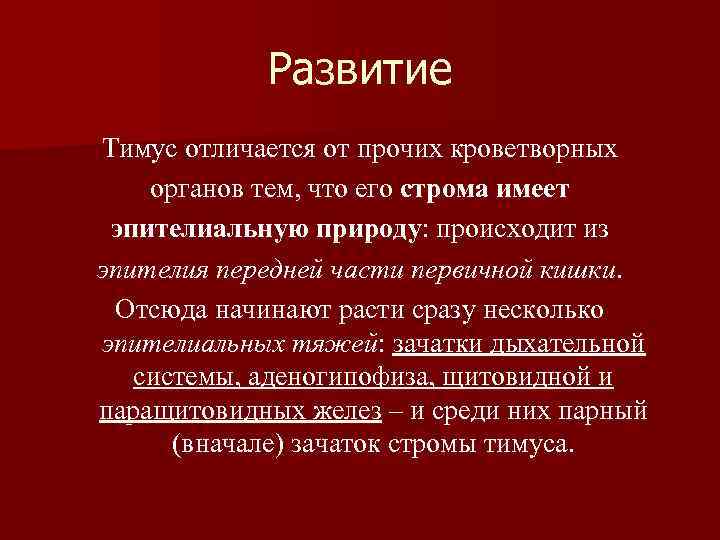 Развитие Тимус отличается от прочих кроветворных органов тем, что его строма имеет эпителиальную природу: