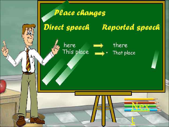 Place changes Direct speech here This place Reported speech there • That place Nex